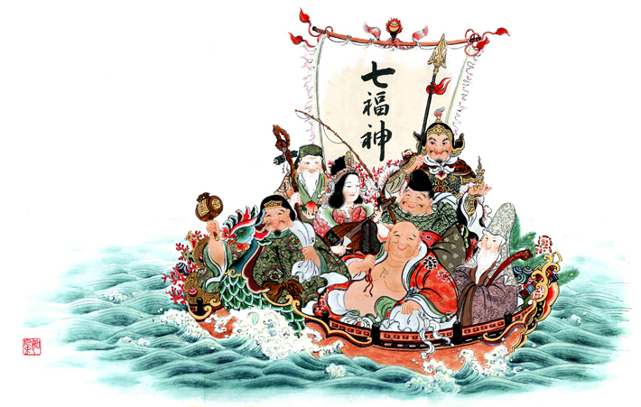 京の宮絵師 安川如風が描くジークレー印刷による額絵の七福神 宮絵師安川如風